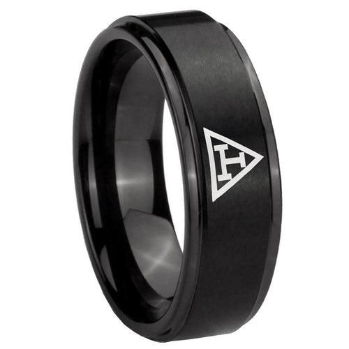 10mm Masonic Triple Step Edges Brush Black Tungsten Carbide Wedding Band Mens