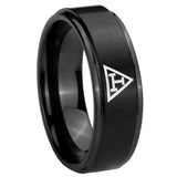 8mm Masonic Triple Step Edges Brush Black Tungsten Mens Ring Personalized