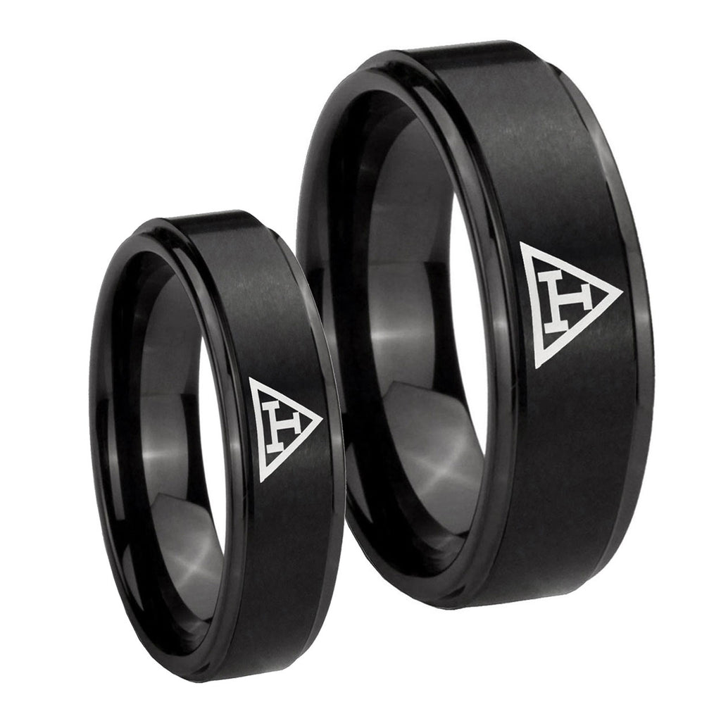 Masonic Triple Step Edges Brush Black Tungsten His Hers Ring Set