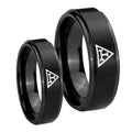 Masonic Triple Step Edges Brush Black Tungsten His Hers Ring Set
