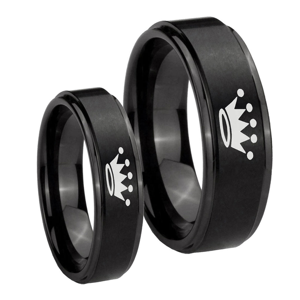 Crown Step Edges Brush Black Tungsten Bridal Ring Set