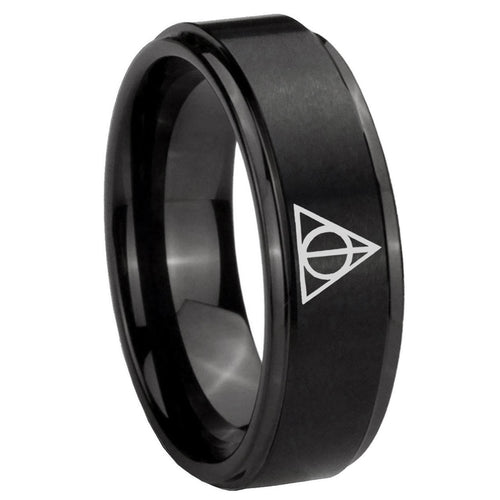 8mm Deathly Hallows Step Edges Brush Black Tungsten Ring