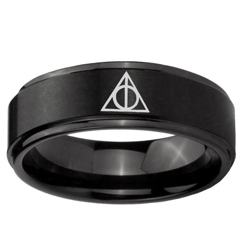 5mm Deathly Hallows Step Edges Brush Black Tungsten Ring