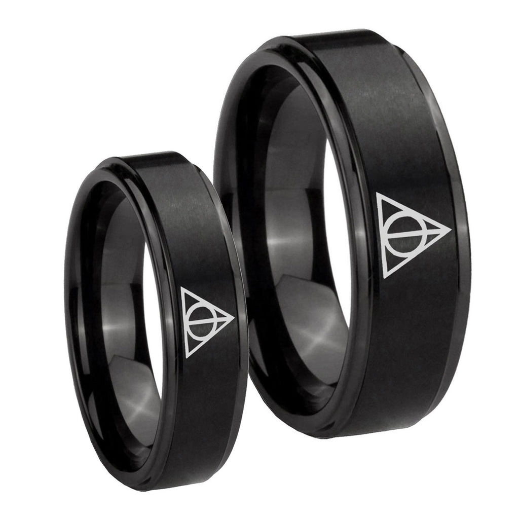 Deathly Hallows Step Edges Brush Black Tungsten Matching Ring Set