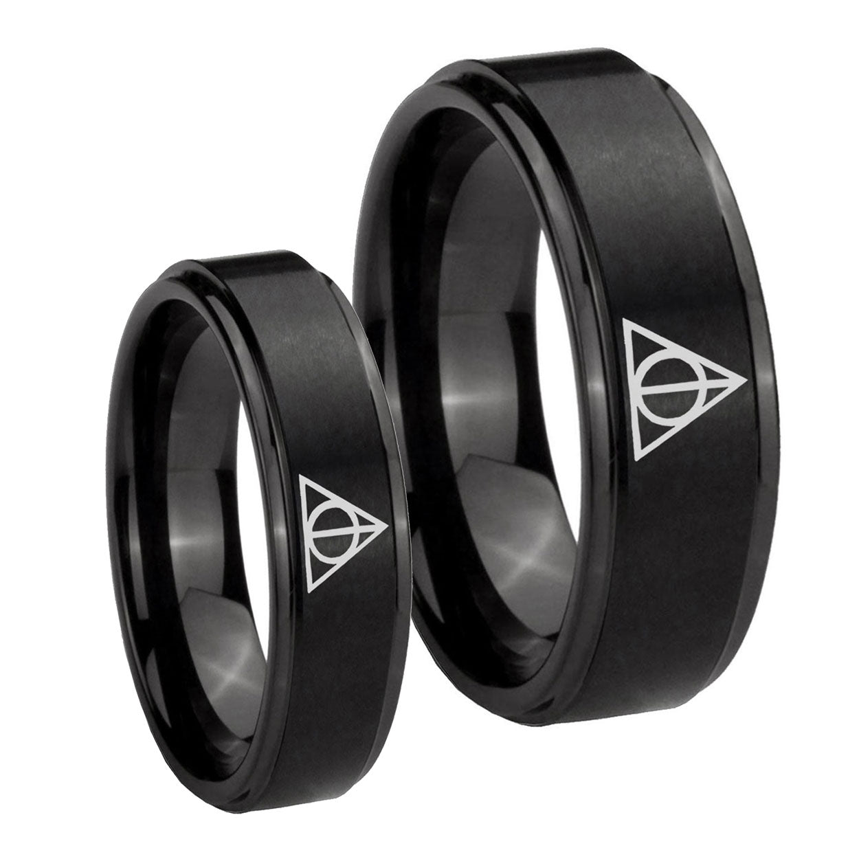 Deathly Hallows Step Edges Brush Black Tungsten Matching Ring Set