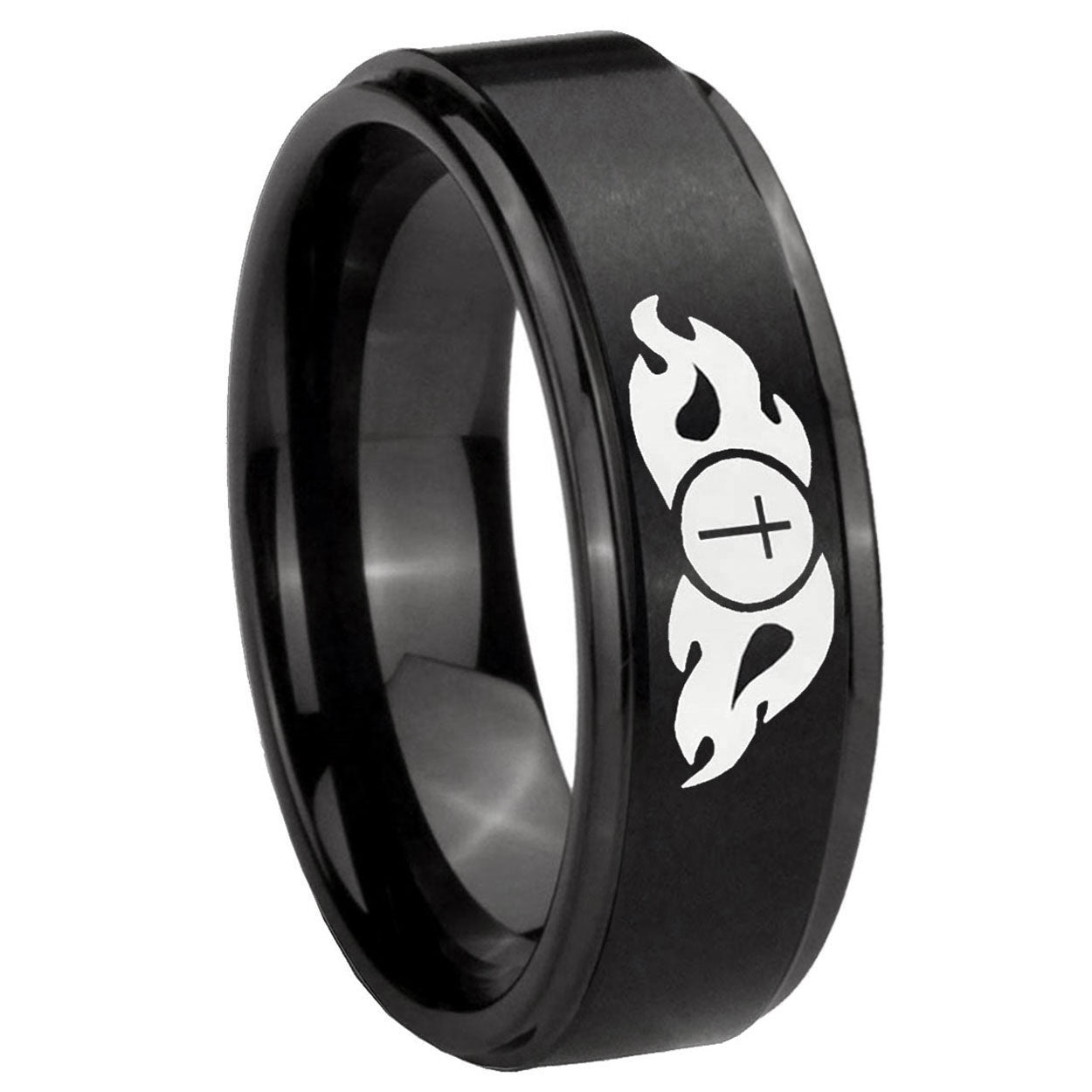 10mm Flamed Cross Step Edges Brush Black Tungsten Carbide Bands Ring
