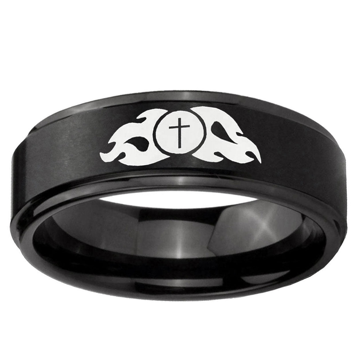 10mm Flamed Cross Step Edge Brush Black Tungsten Ring