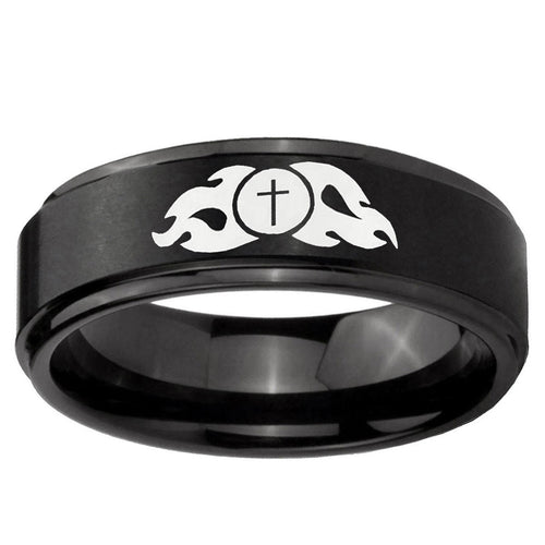 10mm Flamed Cross Step Edge Brush Black Tungsten Ring