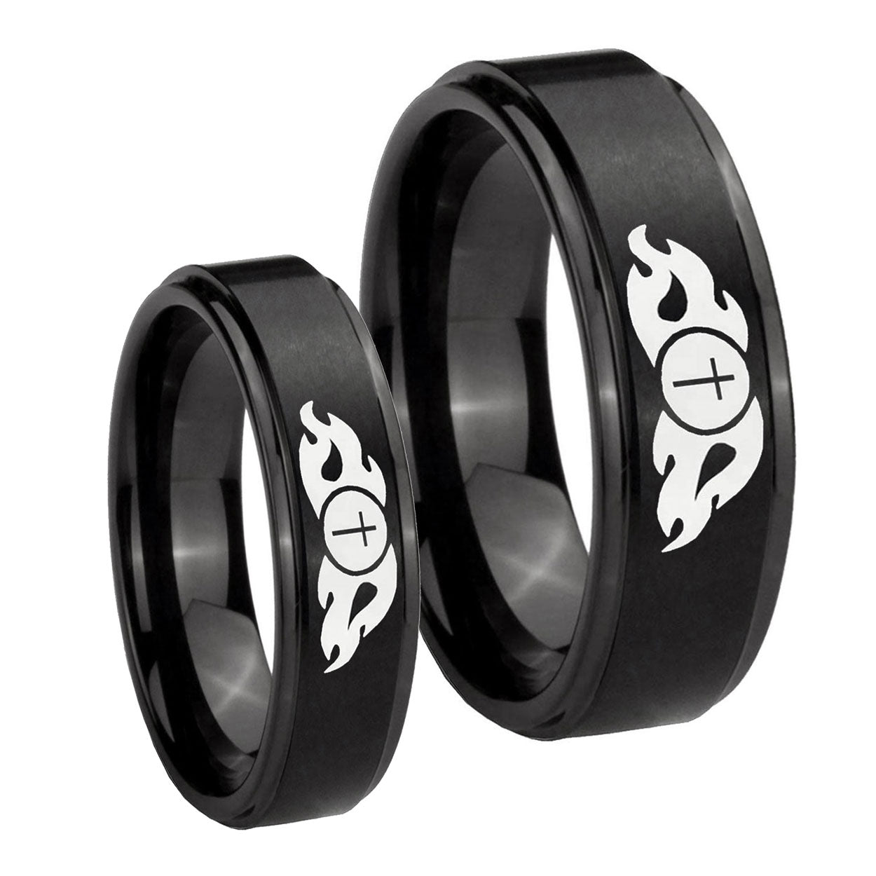 Flamed Cross Step Edges Brush Black Tungsten Wedding Set Ring