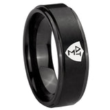 8mm Greek CTR Step Edges Brush Black Tungsten Carbide Wedding Band Mens