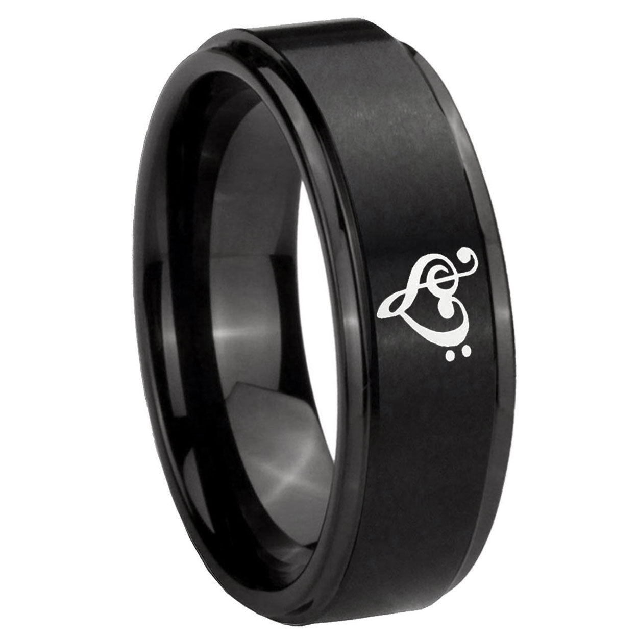 10mm Music & Heart Step Edges Brush Black Tungsten Carbide Rings for Men