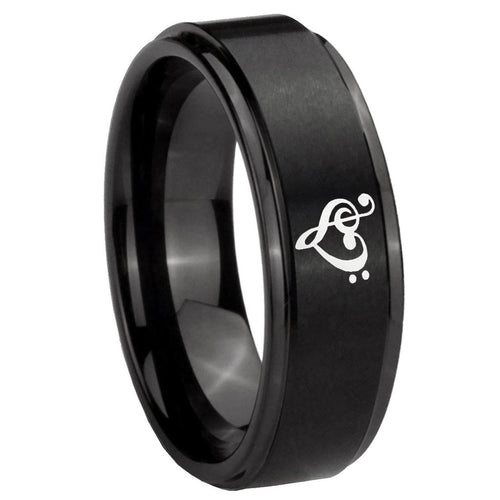 10mm Music & Heart Step Edges Brush Black Tungsten Carbide Rings for Men