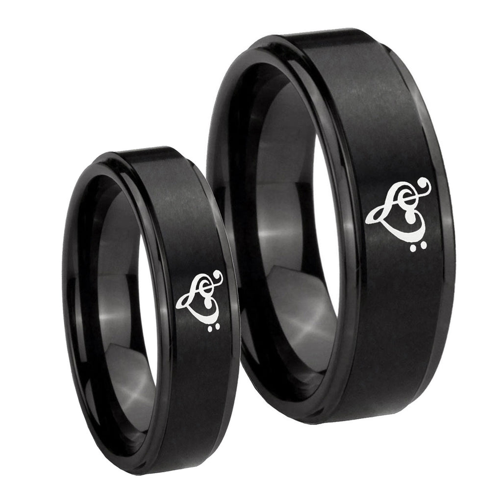 Music & Heart Step Edges Brush Black Tungsten His Hers Ring Set