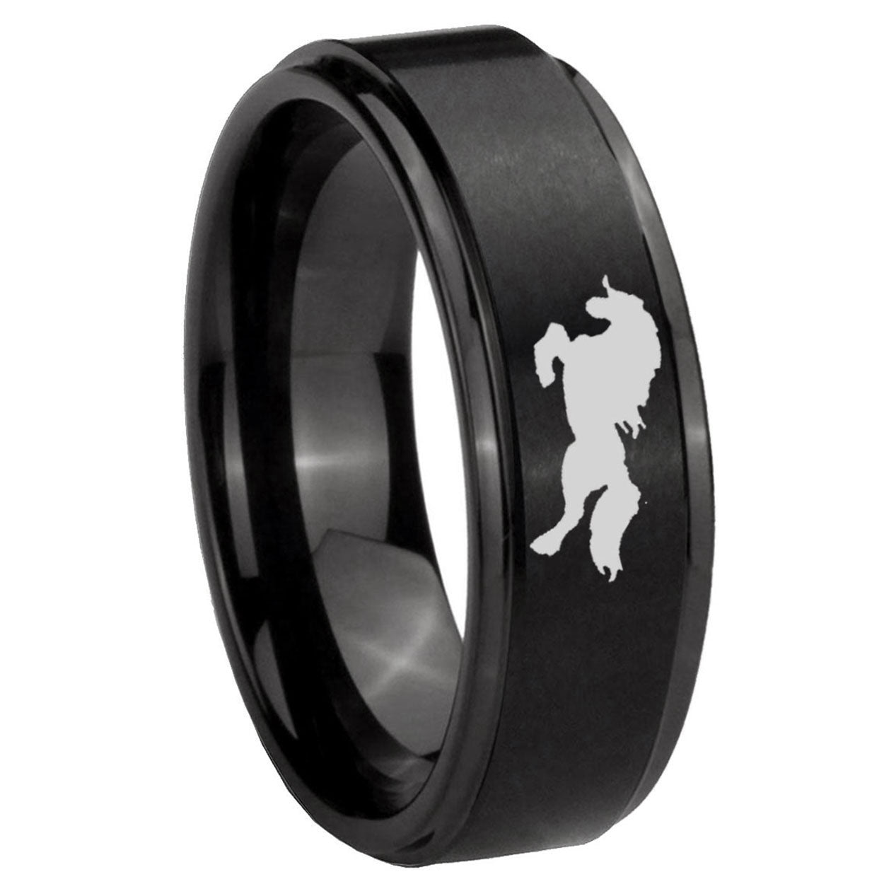 10mm Horse Step Edges Brush Black Tungsten Carbide Engraved Ring