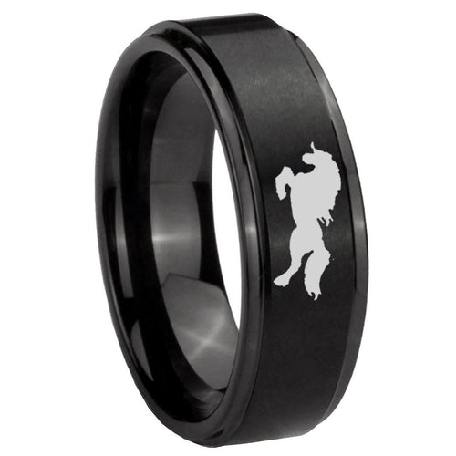 10mm Horse Step Edges Brush Black Tungsten Carbide Engraved Ring