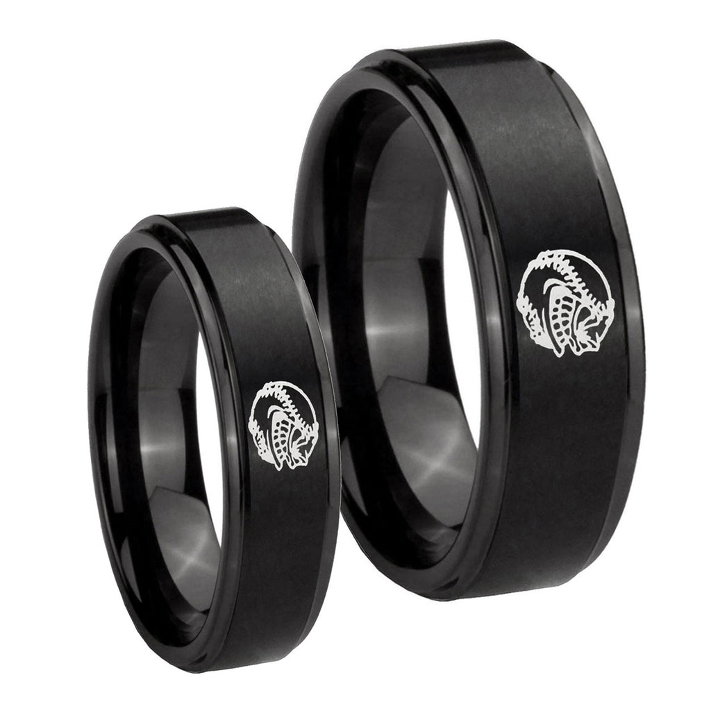 Angry Baseball Step Edges Brush Black Tungsten Mens Ring Set