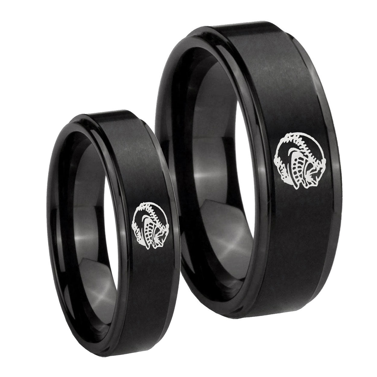 Angry Baseball Step Edges Brush Black Tungsten Mens Ring Set