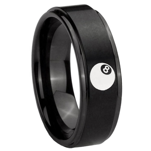 8mm 8 Ball Step Edges Brush Black Tungsten Engraved Ring