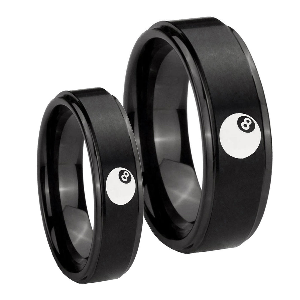 8 Ball Step Edges Brush Black Tungsten Couple Rings