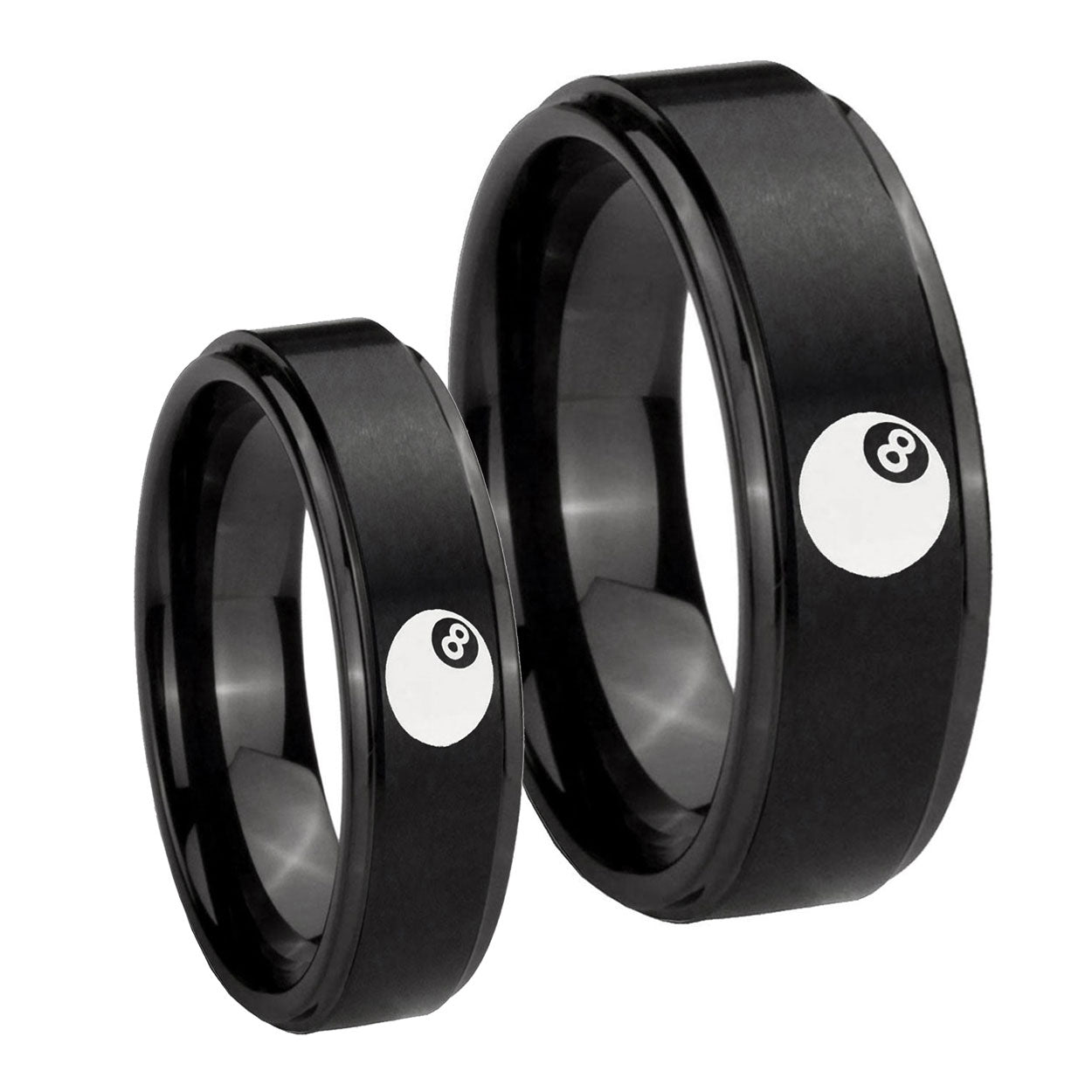 8 Ball Step Edges Brush Black Tungsten Couple Rings