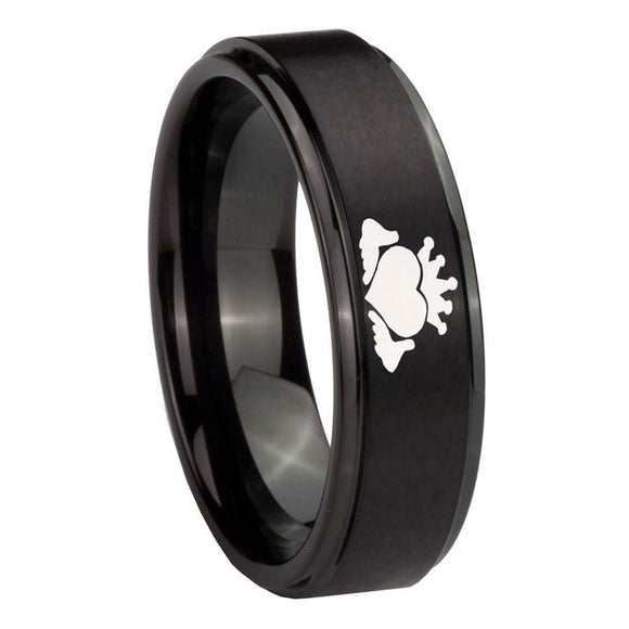 10mm-Claddagh-Design-Step-Edges-Brush-Black-Tungsten-Carbide-Mens-Bands-Ring