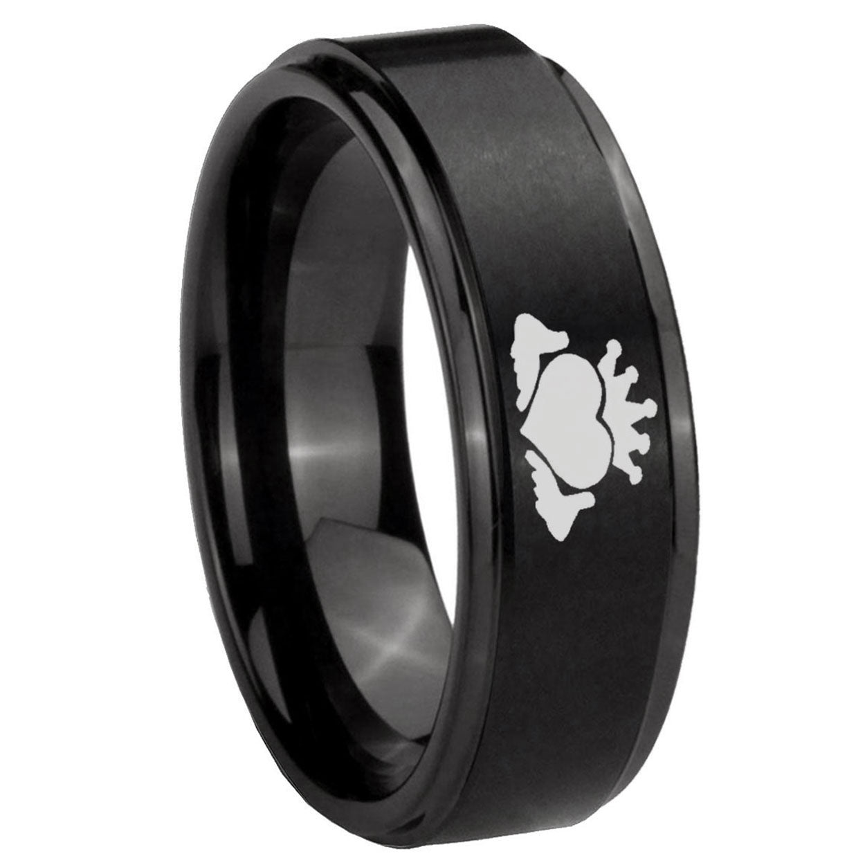 8mm Claddagh Design Step Edges Brush Black Tungsten Ring