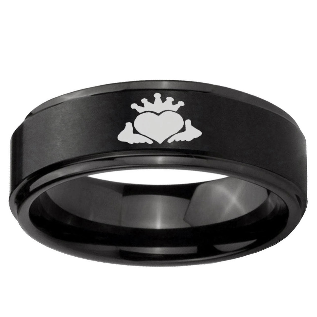 10mm Claddagh Design Step Edge Brush Black Tungsten Carbide Mens Bands Ring