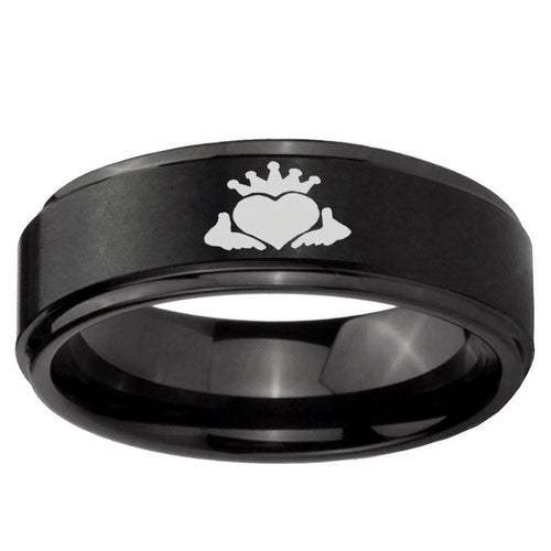 10mm Claddagh Design Step Edge Brush Black Tungsten Carbide Mens Bands Ring