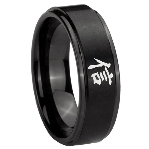 10mm Kanji Faith Step Edges Brush Black Tungsten Carbide Mens Engagement Band