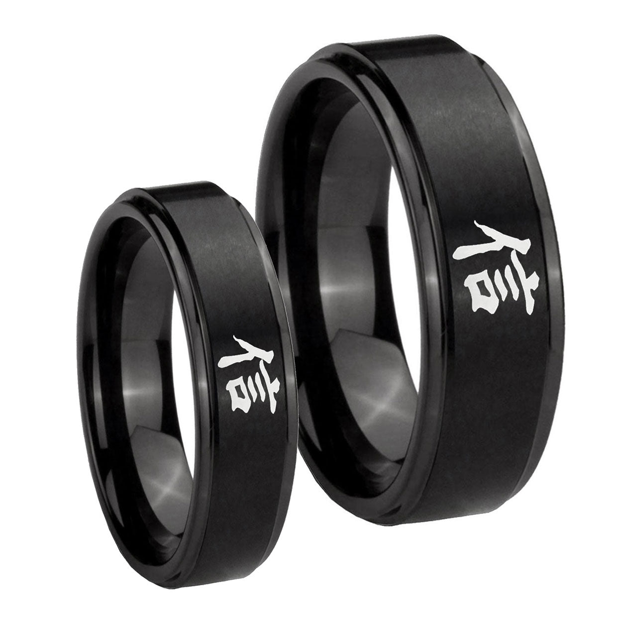 Kanji Faith Step Edges Brush Black Tungsten Couple Band Set