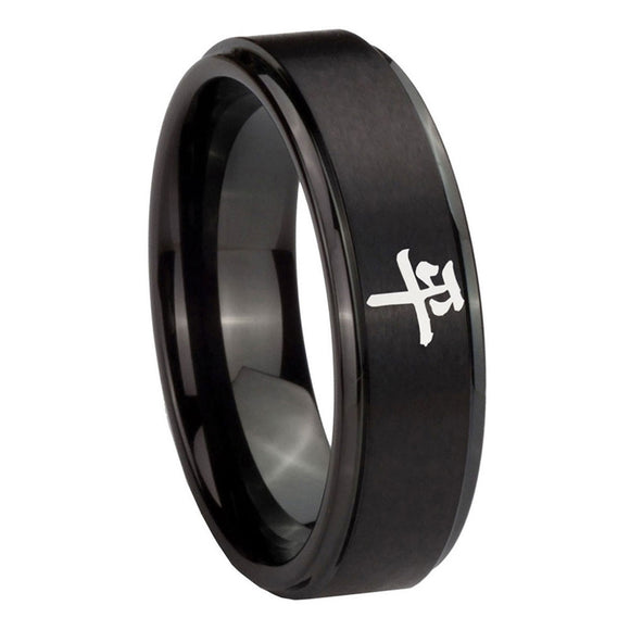 10mm-Kanji-Peace-Step-Edges-Brush-Black-Tungsten-Carbide-Men's-Engagement-Band