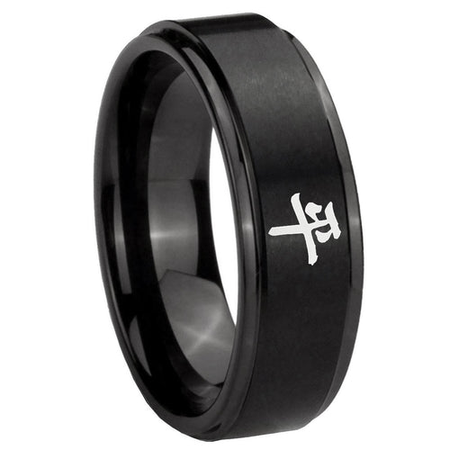 10mm Kanji Peace Step Edges Brush Black Tungsten Carbide Men's Engagement Band