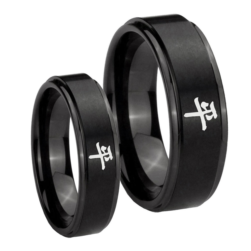 Kanji Peace Step Edges Brush Black Tungsten Bridal Band Set