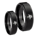 Kanji Peace Step Edges Brush Black Tungsten Bridal Band Set
