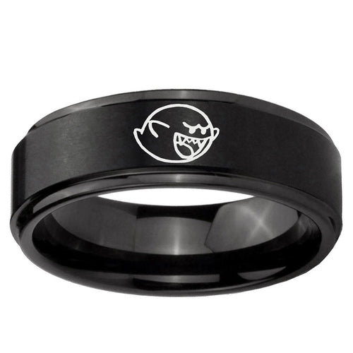 10mm Mario Boo Ghost Step Edge Brush Black Tungsten Carbide Mens Ring