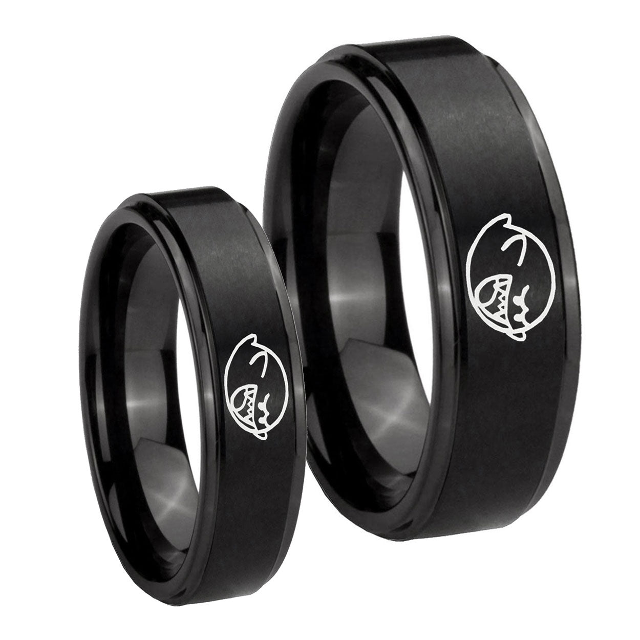 Mario Boo Ghost Step Edges Brush Black Tungsten Couple Wedding Bands