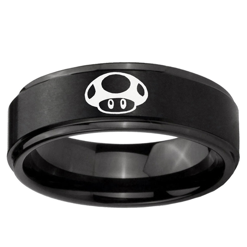 10mm Mario Mushroom Step Edge Brush Black Tungsten Ring
