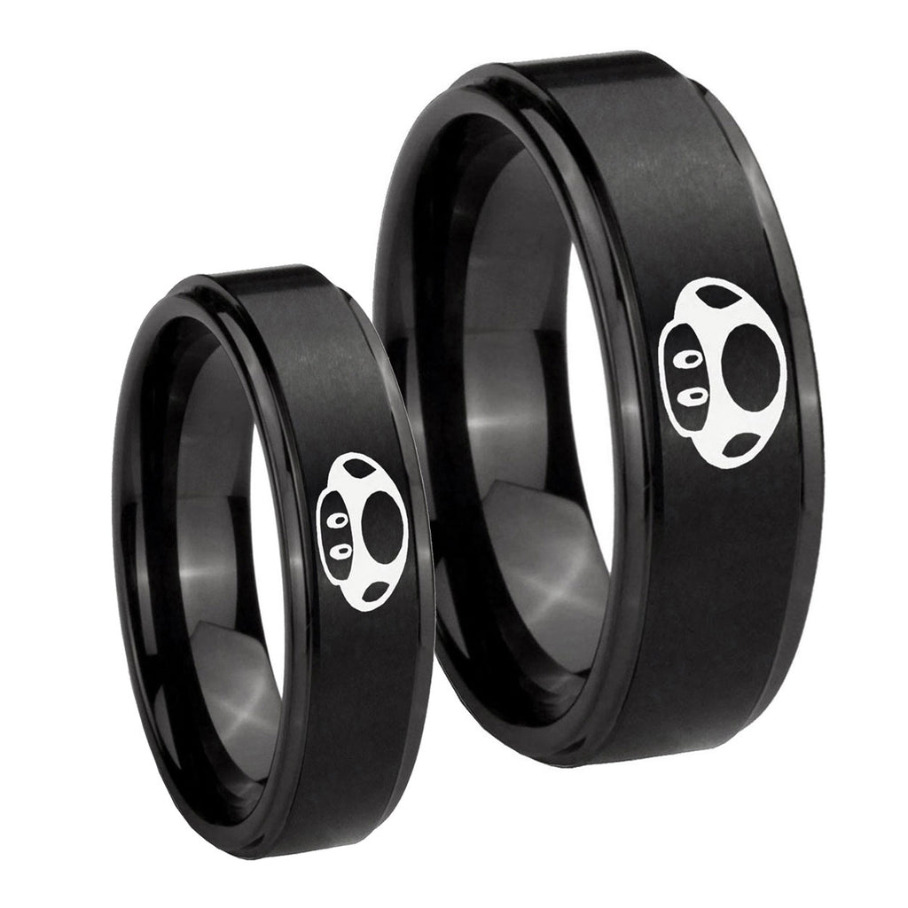 Mario Mushroom Step Edges Brush Black Tungsten Wedding Band Set