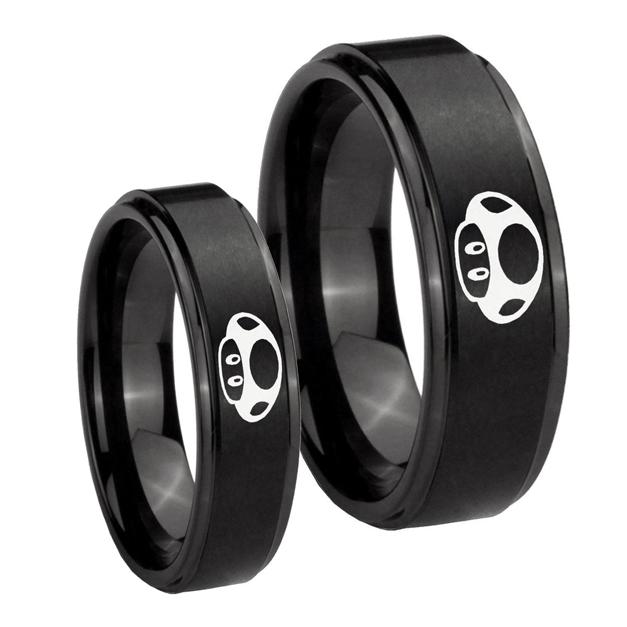 Mario Mushroom Step Edges Brush Black Tungsten Wedding Band Set