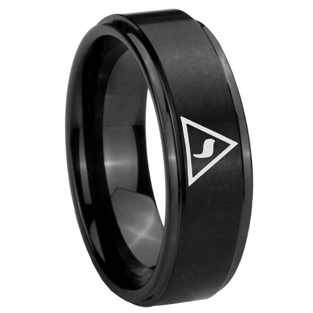 10mm Masonic Yod Step Edges Brush Black Tungsten Carbide Mens Ring Engraved