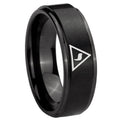 10mm Masonic Yod Step Edges Brush Black Tungsten Carbide Mens Ring Engraved