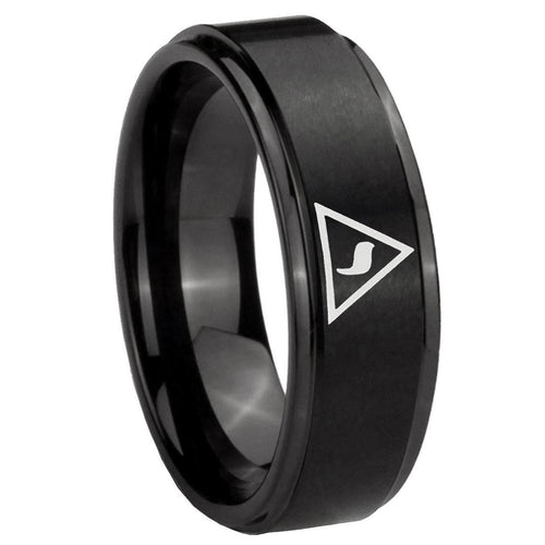 10mm Masonic Yod Step Edges Brush Black Tungsten Carbide Mens Ring Engraved