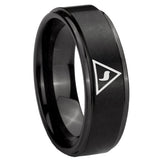8mm Masonic Yod Step Edges Brush Black Tungsten Carbide Mens Engagement Band
