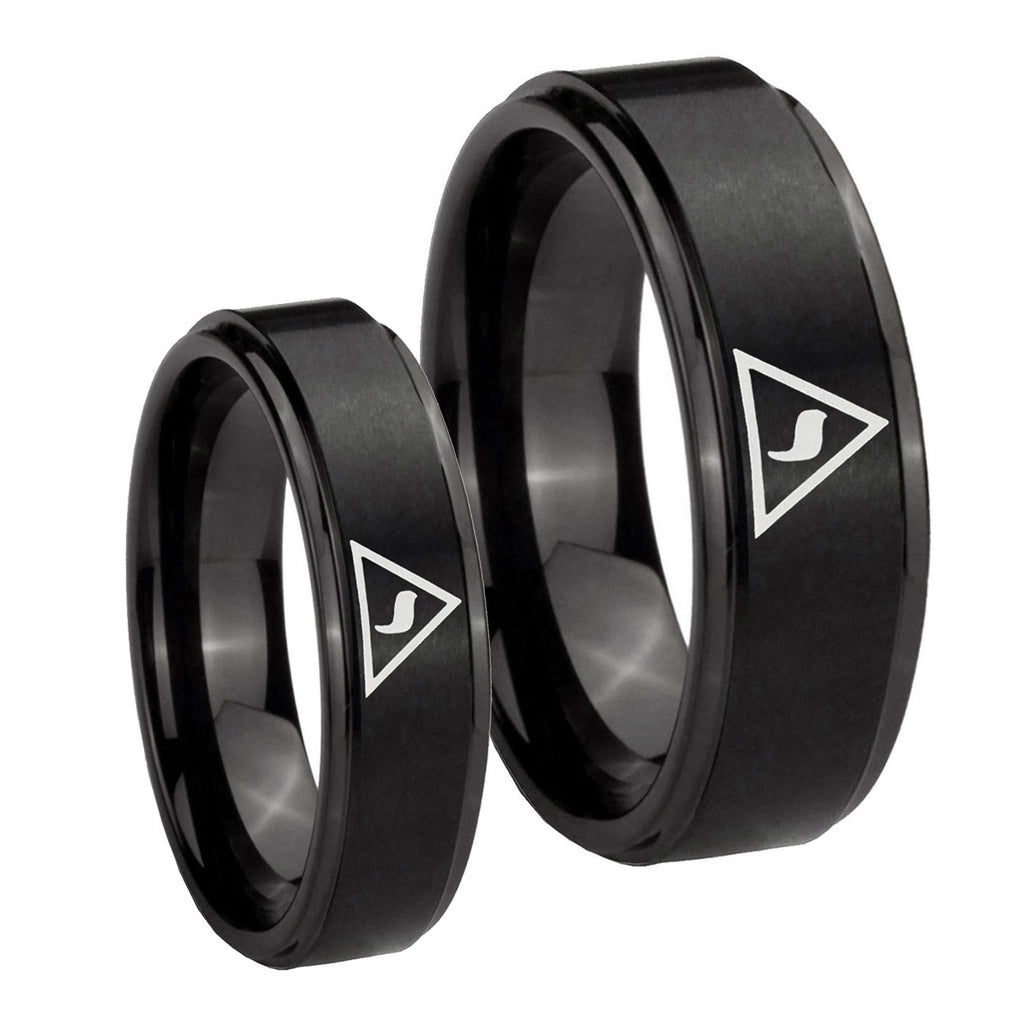 Masonic Yod Step Edges Brush Black Tungsten Wedding Band Set