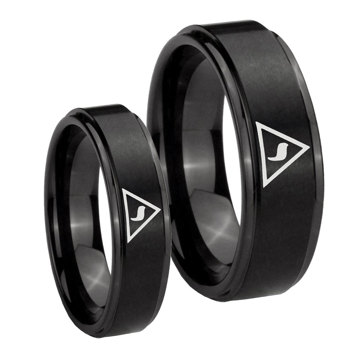 Masonic Yod Step Edges Brush Black Tungsten Wedding Band Set
