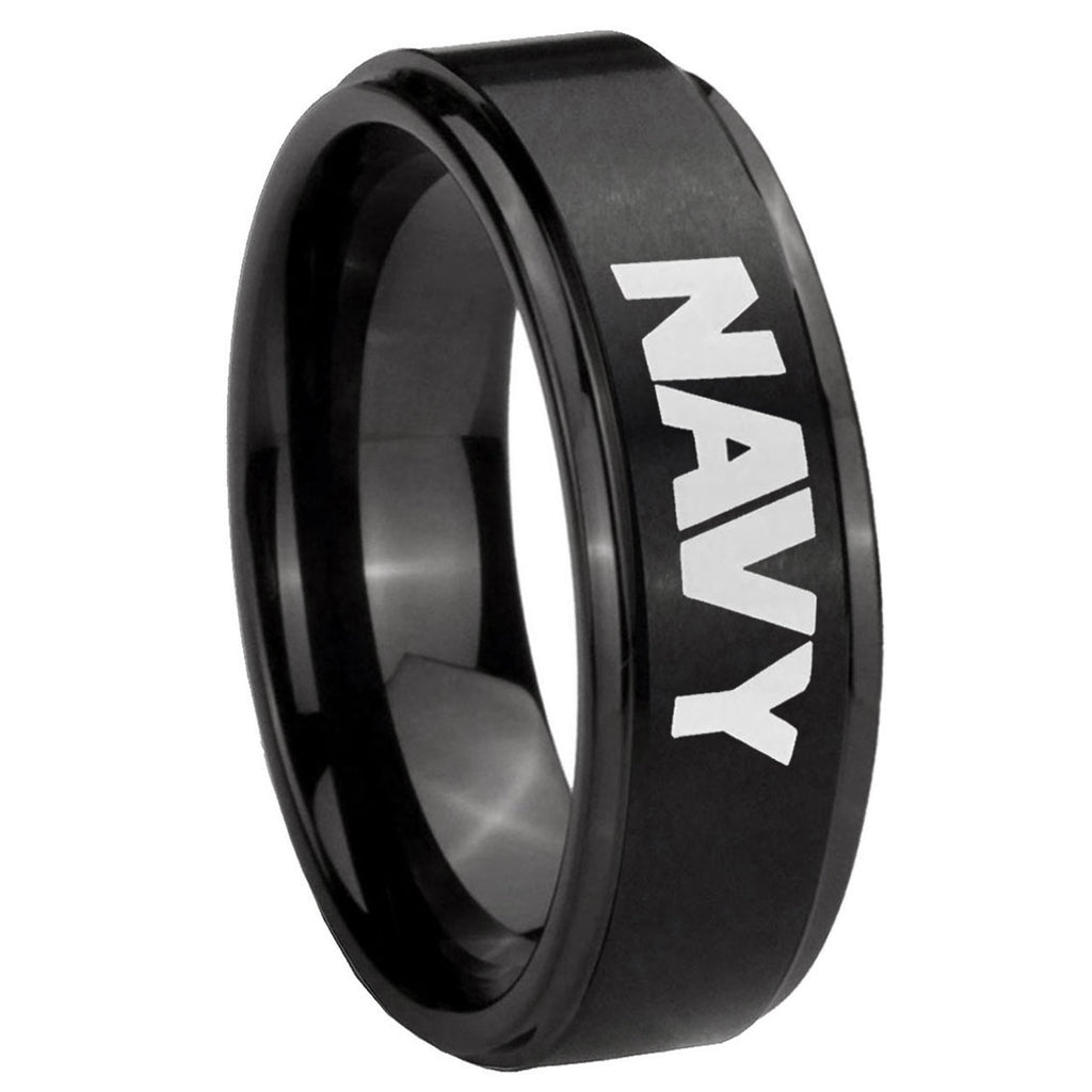 10mm Navy Step Edges Brush Black Tungsten Carbide Personalized Ring
