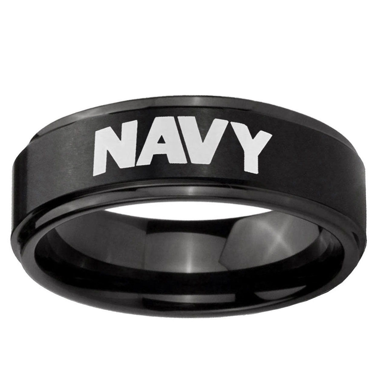 10mm Navy Step Edge Brush Black Tungsten Ring