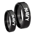 Navy Step Edges Brush Black Tungsten Engagement Ring Set