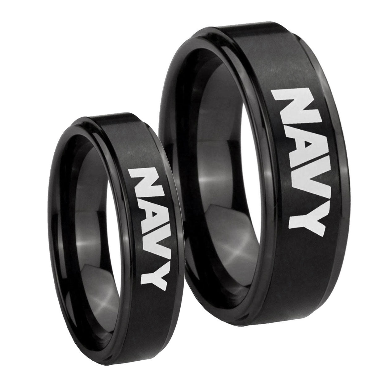 Navy Step Edges Brush Black Tungsten Engagement Ring Set