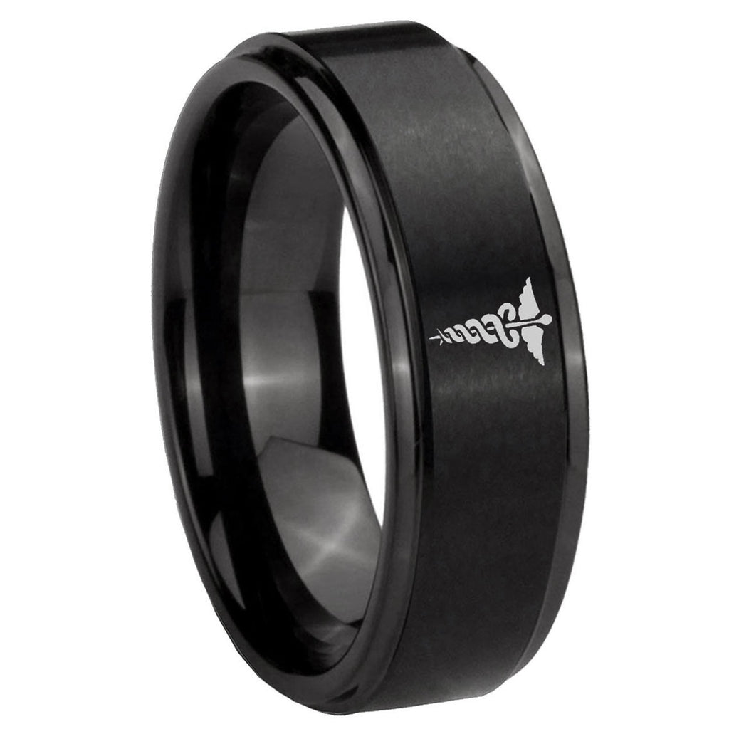 10mm Medical Symbol Step Edges Brush Black Tungsten Men's Promise Rings